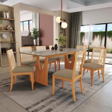 Imagem de Conjunto Sala De Jantar Madeira Maciça 8 Cadeiras Kappesberg Freijó Bouclé Fendi tela Bege