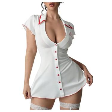 Imagem de WDIRARA Conjunto de lingerie feminina de 3 peças de fantasia de marinheiro cosplay listrado com shorts, Enfermeira branca, Small