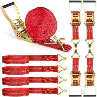 Imagem de Pacote com 4 tiras de catraca resistentes, 5 cm, 32 m, catraca de amarração com gancho duplo J, tiras de carga de força de ruptura de 1,814 kg, catraca para movimentação de carga, equipamentos de