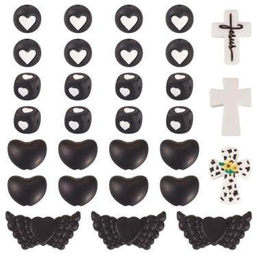 Imagem de Craftora 36 peças de contas focais de silicone cruzadas pretas para fabricação de chaveiros de Halloween, contas de borracha redondas com asas de coração para canetas, pulseiras, artesanato DIY