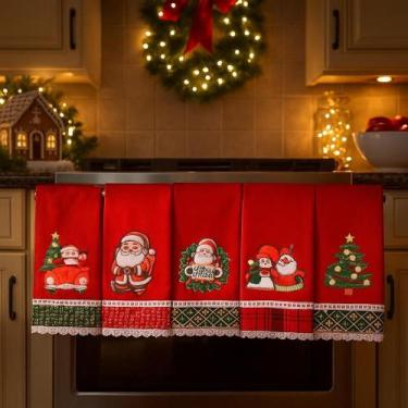 Imagem de Pano de Prato NATAL VERMELHO Bordado Patchwork Revenda Kit 5 unidades 