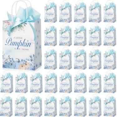 Imagem de AmazingSpark 50 pacotes de sacos de presente de chá de bebê de outono, sacos de lembrancinha de chá de bebê de abóbora com alça e papel de seda decorativo para convidados, presentes de festa de