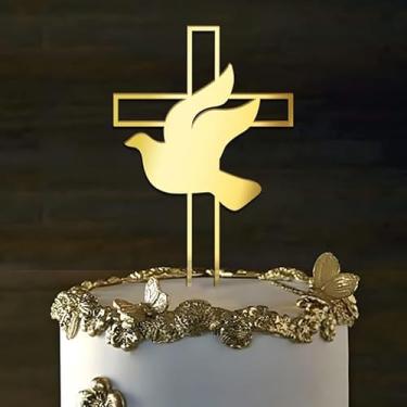 Imagem de C406 Dove Cross Cake Topper, Acrylic Holy Communion Christening Cake Decoration, Baby Shower Cake Topper, Baptist Theme Party Cake Deco, Christening Celebration Wedding Cake Sign
