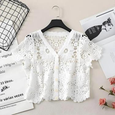 Imagem de Blusa Feminina Crochê Verão - Decote V, Aberta, Bordada - Estilo Fairy