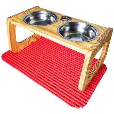 Imagem de Comedouro Elevado de Madeira Pinus para Cães Médios | Tigelas Inox 700 ml, Removíveis | Acompanha Tapete Antiderrapante 43x33cm | Acabamento em Óleo Mineral Atóxico (Vermelho)