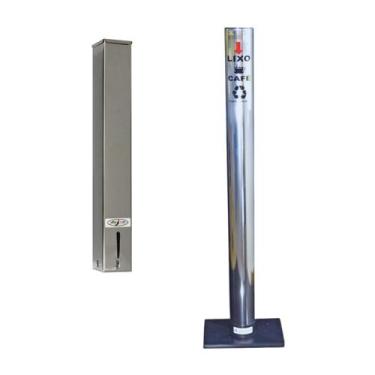 Imagem de Kit Dispenser Inox Quadrado Porta Copo Descartável Café 50ml + Coletor