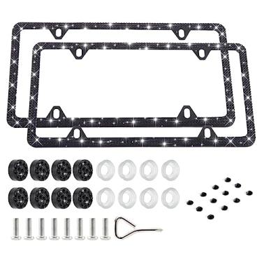 Imagem de FIISFIIS Moldura de placa de carro Bling para mulheres, pacote com 2 unidades de suporte de placa de carro de strass premium, capa de placa de lincenso de diamante com glitter feito à mão para meninas, bonés brilhantes deslumbrantes - 4 furos preto