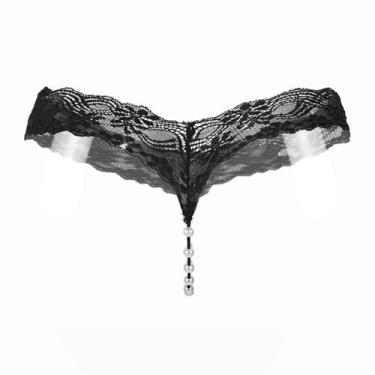 Imagem de OUFEIJIA Calcinha feminina com corrente de berloque sexy de renda com pérolas, massagem, calcinha feminina, transparente, tanga, corrente sexy, calcinha feminina