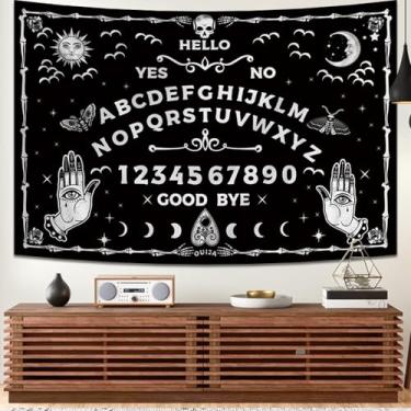 Imagem de Apdidl Tapeçaria de tarô preto e branco Ouija de Halloween, tapeçarias góticas de olho turco bruxa caveira sol lua, terror gótico, misterioso, fixe, pendurar na parede para quarto, sala de estar
