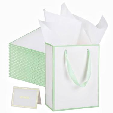 Imagem de UoeRing Pacote com 25 sacos de presente de agradecimento com alças 24 x 19 x 9,5 cm, bolsa de presente de tamanho médio, com papel de seda e cartão para casamento, aniversário, dama de honra, feriados