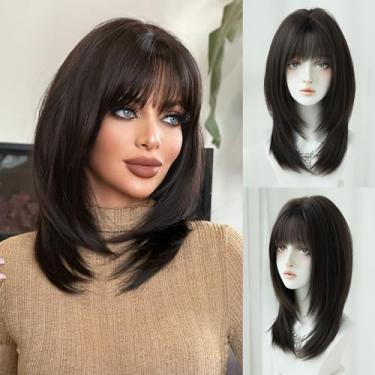 Imagem de 7JHH WIGS Perucas femininas de fibra sintética em camadas longas e retas pretas naturais de chá preto natural resistente ao calor em camadas para festas de Natal, uso diário