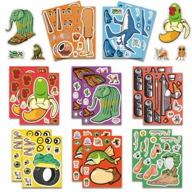 Imagem de Adesivos italianos Brainrot Make-a-Face tamanho grande, 16 folhas de adesivos de animais podridão cerebral misturados e combinados, 8 caracteres com olhos e bocas intercambiáveis, vinil à prova d'água