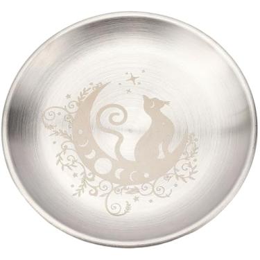 Imagem de CREATCABIN Prato de prato ritual de altar de gato lua tigela plana de aço inoxidável bandeja prateada redonda suporte de prato para mancha queimador de incenso joias divinação 14 cm