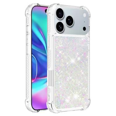 Imagem de Capa de telefone à prova de choque para iPhone 17 Pro com glitter líquido de areia movediça e corações flutuantes, capa de TPU de camada dupla reforçada com 4 cantos, protetor de telefone seguro