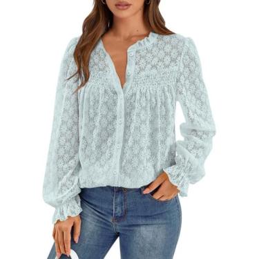 Imagem de Blusa PRETTYGARDEN com ilhó de manga comprida de renda para mulheres a