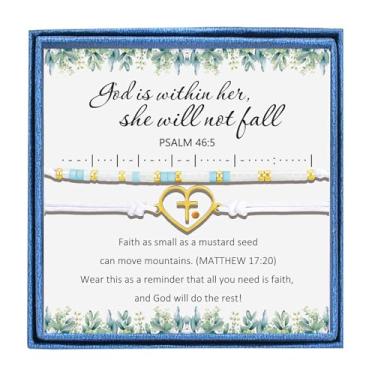 Imagem de LIUANAN Conjunto de 2 peças de pulseira de fé com código Morse para mulheres, pulseiras cristãs, joias de semente de mostarda com contas de painço, Mateus 17:20 e Salmo 46:5, joias cristãs ajustáveis