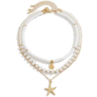 Imagem de nylry Colar de concha para mulheres, colar de concha do mar, em camadas, dourado, boêmio, verão, praia, para mulheres, ajustável, pérola, concha, estrela-do-mar, férias, litoral, praia, joias