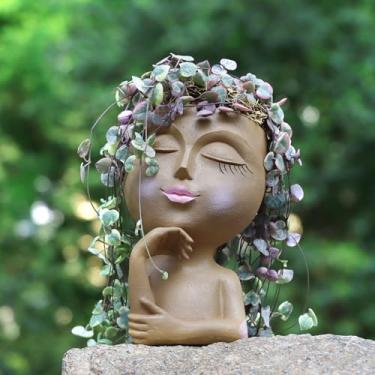 Imagem de Vaso de cabeça de plantador facial, vaso de flores de rosto de menina para pensamento de plantas internas, pequeno e exclusivo para cactos suculentos ao ar livre, cachepot de resina com drenagem