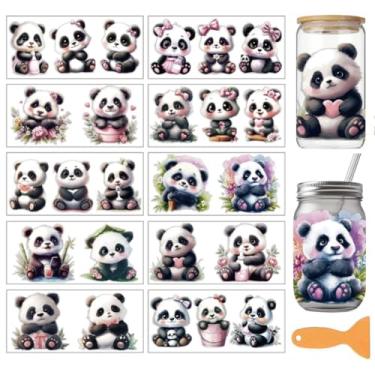 Imagem de arricraft 10 folhas com tema panda fofo UV DTF Cup Wrap para vidro de 473.6 g, rosa Pandas padrões de flores de bambu adesivos de transferência de PVC para copos DIY madeira funiture 24 x 11 cm