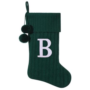Imagem de Pxniy Meia de Natal personalizada de 48 cm - malha verde com monograma bordado e pompons, cabide de lareira familiar para decoração de férias, letra verde B