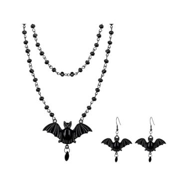 Imagem de ANGLEQUEEN Conjunto de brincos de colar de Halloween para mulheres, cruz gótica, lua negra, morcego, colar com pingente em camadas, brincos punk pendurados, conjunto de joias de bruxa de Halloween
