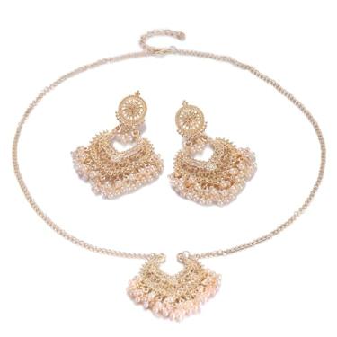 Imagem de DOUVEI Conjunto de joias femininas com pérolas douradas – colar, brincos e tiara Maang Tikka, acessórios de festa de casamento indiana, One Size, Pérola sintética Metal dourado Pérola sintética