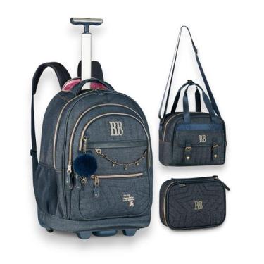 Imagem de Kit Escolar Mochila Rodinha Jeans + Lancheira + Estojo Rebecca Bonbon 