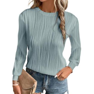 Imagem de Blusas femininas EVALESS 2024, manga comprida, gola redonda, azul névo