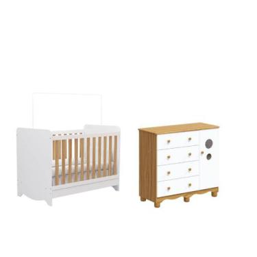 Imagem de Quarto Bebe Moveis Peroba Berço e Cômoda Ben Bolinha MDF, Branco Amênd