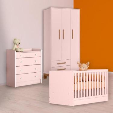 Imagem de Berço Mini Cama, Cômoda Trocador e Guarda Roupa Slim Rosa - Qmovi