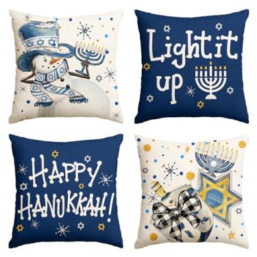 Imagem de AVOIN colorlife Capas de almofada Happy Hanukkah Menorah Dreidel boneco de neve, 45,7 x 45,7 cm Chanucá Estrela de Davi ilumina capa de almofada de férias para sofá conjunto de 4