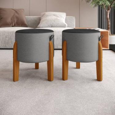 Imagem de kit 2 Puff Banqueta sala Penteadeira redondo pés em madeira maciça e l