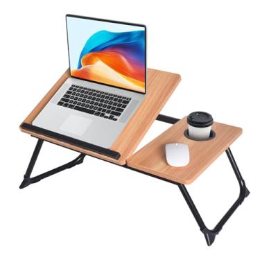 Imagem de Mesa de colo de madeira ajustável com suporte flexível, cor carvalho natural, estação de trabalho portátil com gerenciamento de cabos, design ergonômico para escritório em casa (madeira)