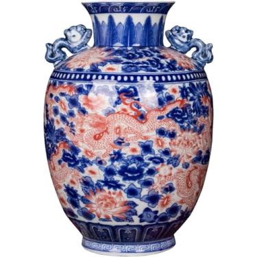Imagem de AKALNNB Vasos para centros de mesa vaso de cerâmica novo chinês retrô pintado à mão azul e branco vasos de porcelana 35 cm grande orelha dupla decoração vaso de flores casa de