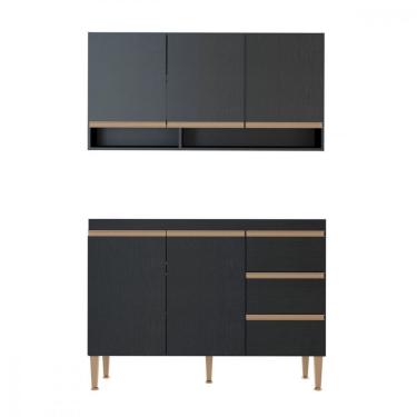 Imagem de Kit Balcão Pia Para Cozinha Com Armário Aéreo 120x52cm Preto Preto