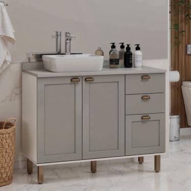 Imagem de Gabinete para Banheiro 100% Mdf 2 Portas 3 Gavetas Modelo Americano Provençal Iluminata Branco/Cinza/Cinza