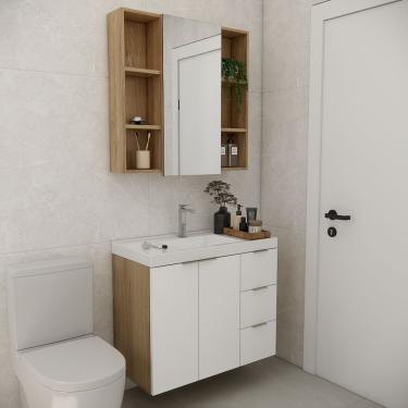 Imagem de Conjunto De Banheiro Com Cuba Vittare 80cm Estilare CNJ5006 Carvalho-branco Gaveta Direita