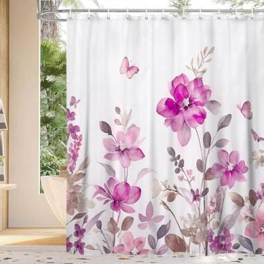 Imagem de YDIDIAN Cortina de chuveiro floral rosa, rosa lavanda floral borboleta boho cortinas de chuveiro para banheiro, flor Farmhous conjunto de cortina de chuveiro de tecido bonito com 12 peças de ganchos