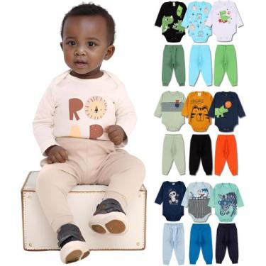 Imagem de Kit 8 Peças de Roupas para Bebê Menino 4 Body Longo 4 Calça Mijão Kit 