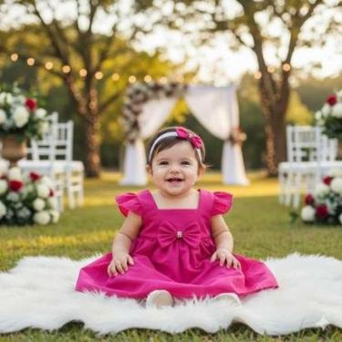 Imagem de Vestido Bebê Laço Strass Faixa de Cabelo Formal Casamento BB-Feminino