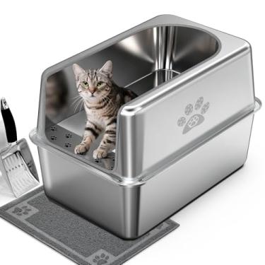 Imagem de Caixa de areia para gatos de aço inoxidável fechada com tampa, caixa de areia de metal à prova de vazamento XL para gatos grandes, vaso sanitário extragrande para gatos com lado alto, design de