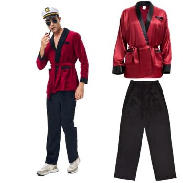 Imagem de ZZXIAOJIE Smoking Robe Men's Red Velvet Bathrobe Captain Jacket Pants Soft Long Sleeve Pajama Halloween Cosplay Costume Adult