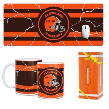 Imagem de Caneca de café para fã de futebol e tapete de mesa grande para desktop tema Cleveland Taza de taza de café y el teclado del ratón mesa de juego de mouseBrowns Team alfombra de ratón para el hogar y la