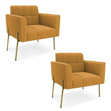 Imagem de Poltrona Sala Estar Pé Ferro Dourado Kit 2 Elisa Bouclê Mostarda D03 - D'Rossi