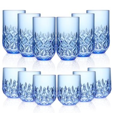 Imagem de SKLENICE Conjunto de 12 copos de 30 ml e copos de vidro de 510 g com design de diamante, conjuntos de copos de acrílico azul, copos de acrílico, copo de plástico reutilizável para festas e casamentos