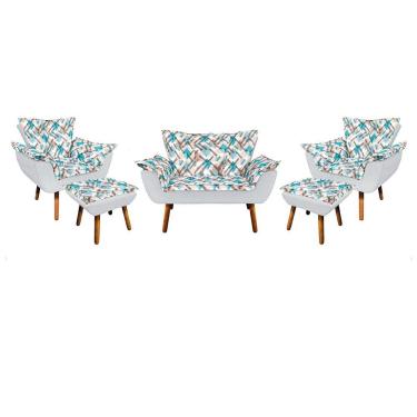 Imagem de Kit 1 Namoradeira 2 Poltronas 2 Puffs Estampado Pés Palito