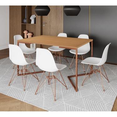 Imagem de Mesa Jantar Industrial Retangular 137X90Cm Canela Base V Com 6 Cadeiras Eames Eiffel Brancas Base Co