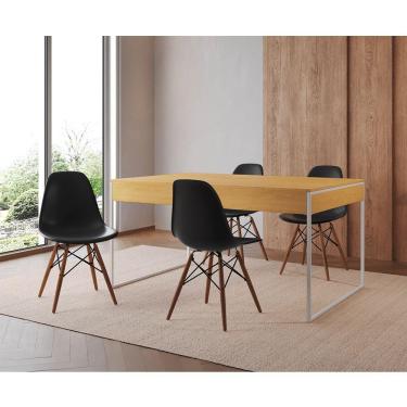 Imagem de Mesa Jantar Industrial Retangular Filadélfia Canela 137X90Cm Base Ferro Branco Com 4 Cadeiras Pretas