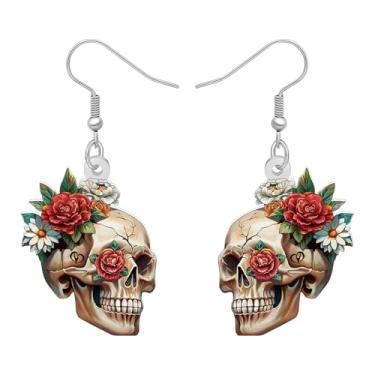 Imagem de BAMAY Brincos de crânio de flor de acrílico para mulheres, brincos assustadores de Halloween com pingente de crânio de açúcar divertido, presentes para mulheres, acessórios de bijuteria de fantasia do