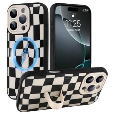 Imagem de SOKAD Capa quadriculada magnética para iPhone 16 Pro Max com suporte de alça de dedo, compatível com Magsafe, lindo tabuleiro de xadrez projetado para mulheres e homens, capa de proteção completa para